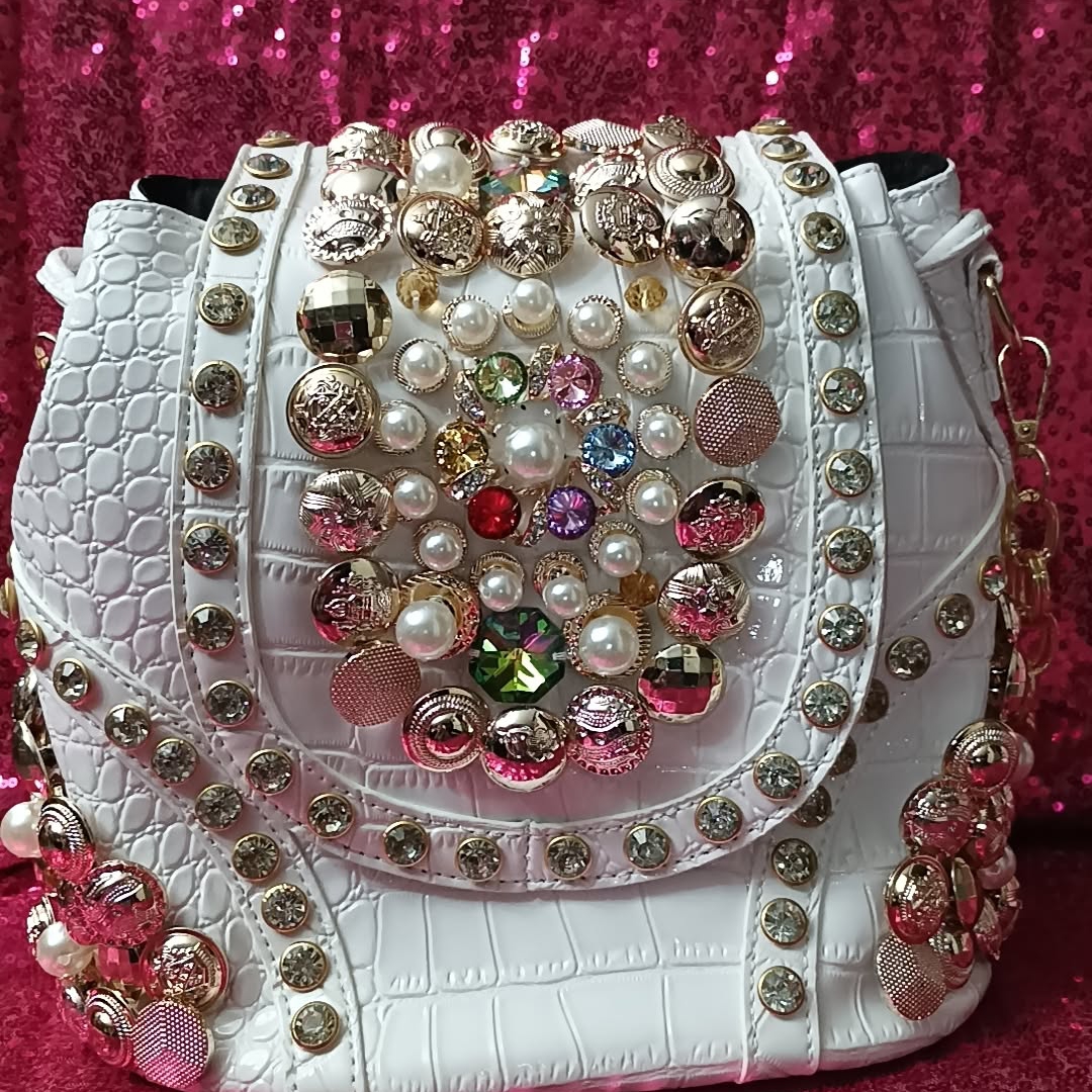 White Embellished Backpack With Gemstone Accents